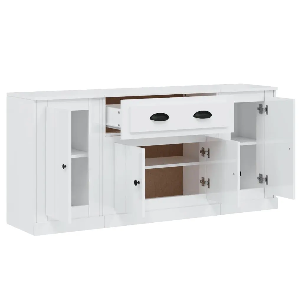 Set of 3 White Sideboards High Gloss Storage Cabinets for Home Use