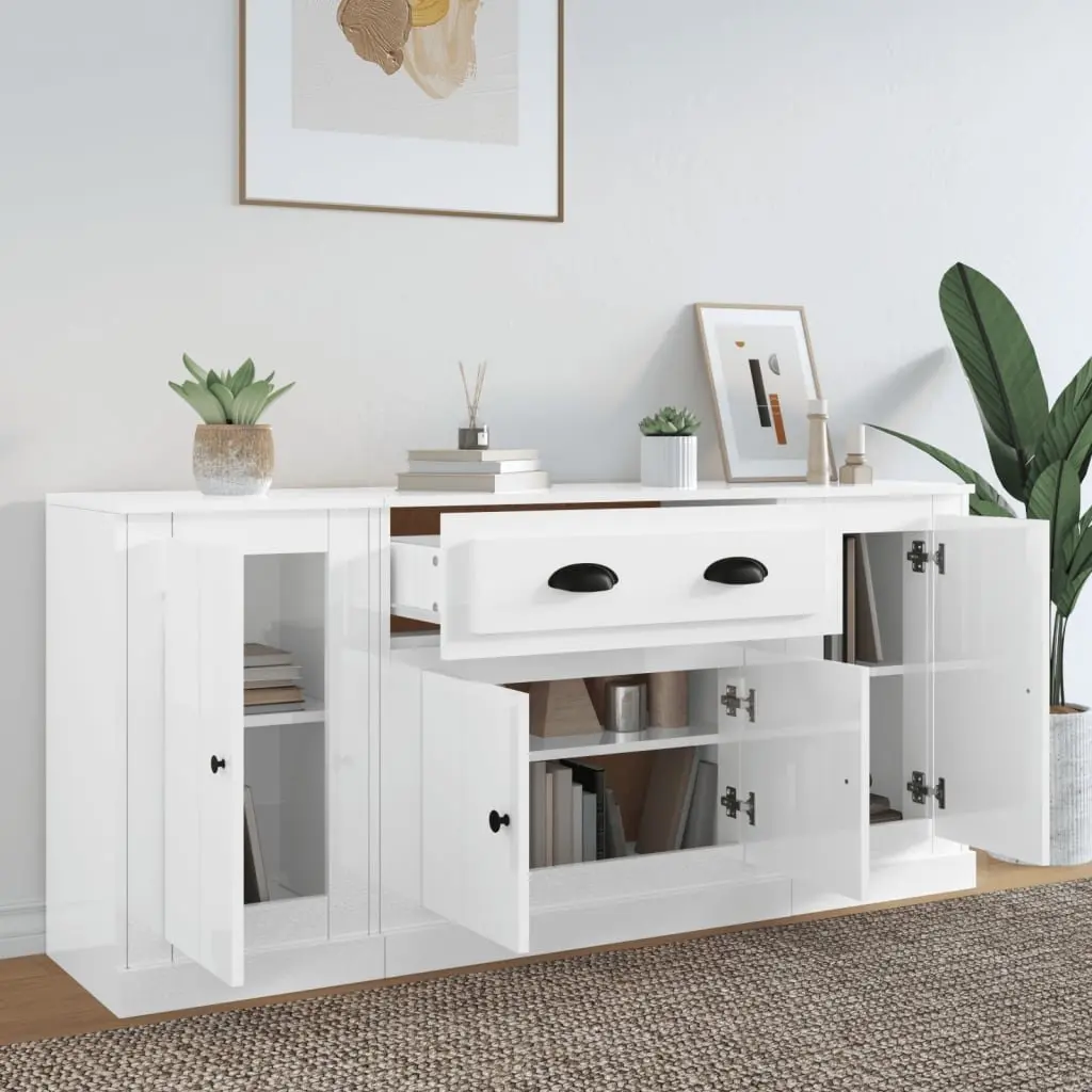 Set of 3 White Sideboards High Gloss Storage Cabinets for Home Use