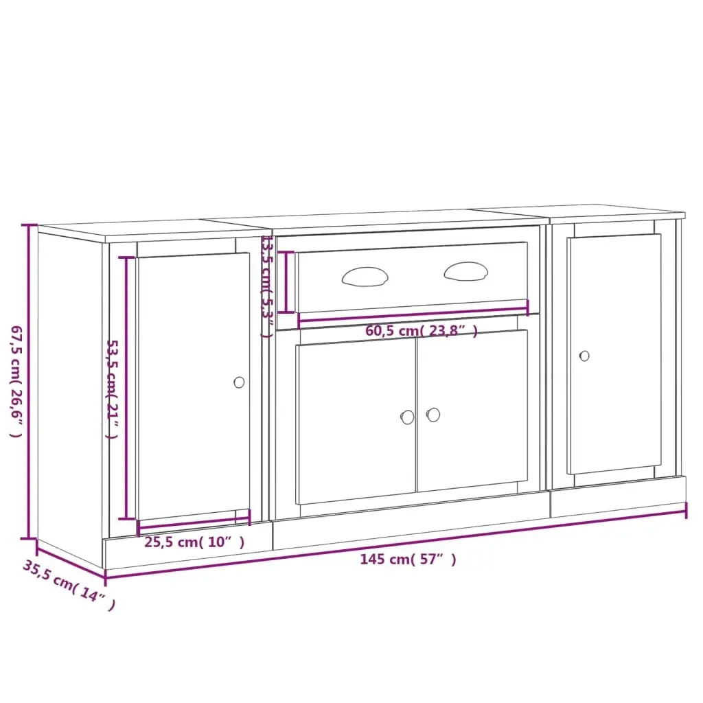 Set of 3 White Sideboards High Gloss Storage Cabinets for Home Use