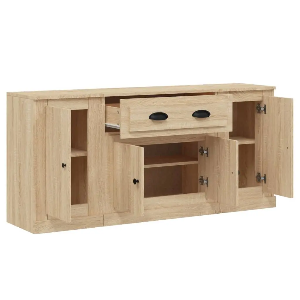 3 Piece Sideboard Set for Home Storage and Display in Brown Engineered Wood