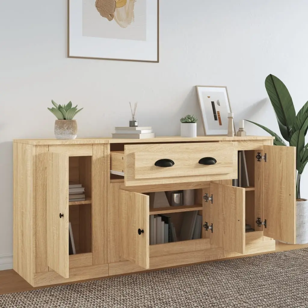 3 Piece Sideboard Set for Home Storage and Display in Brown Engineered Wood