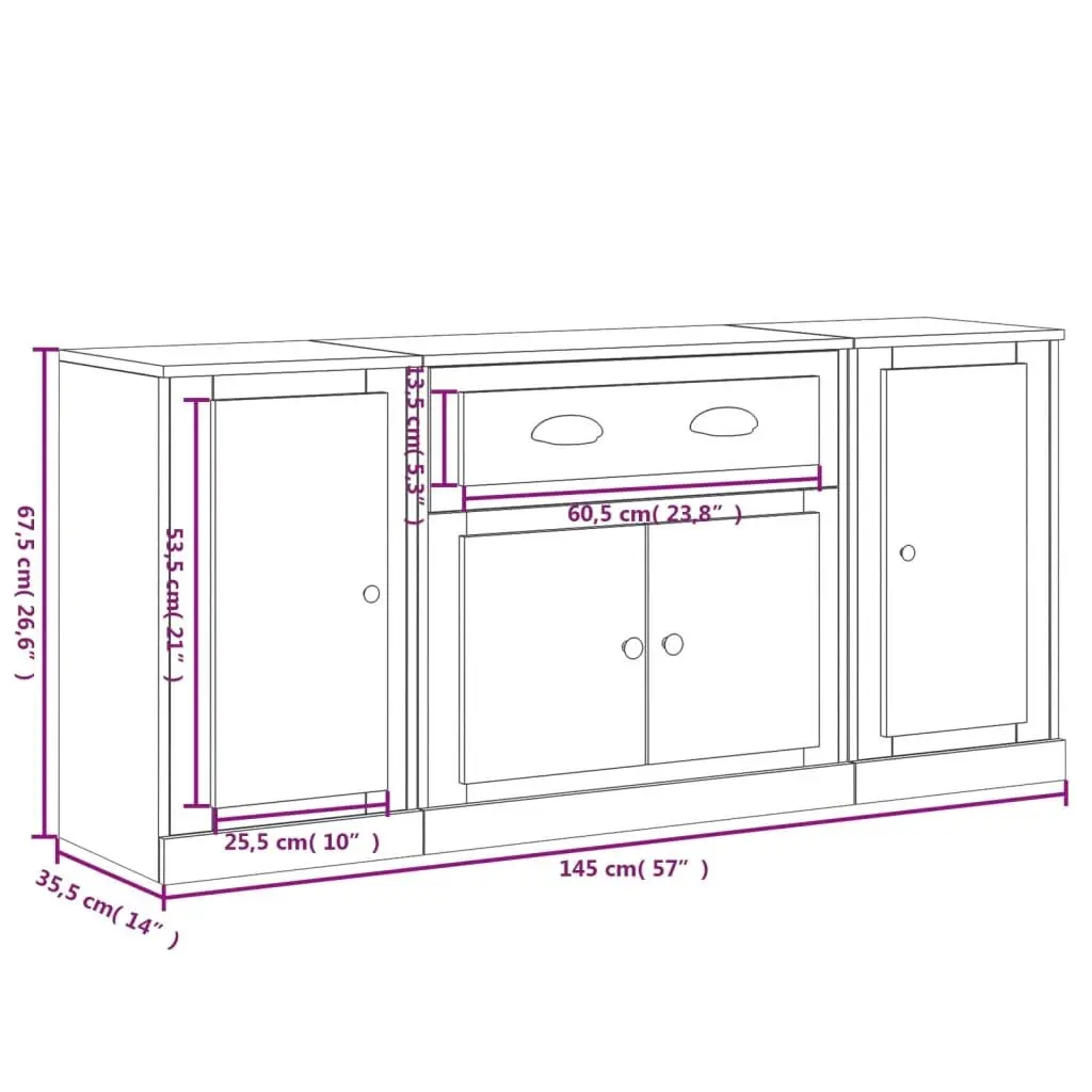 3 Piece Sideboard Set for Home Storage and Display in Brown Engineered Wood