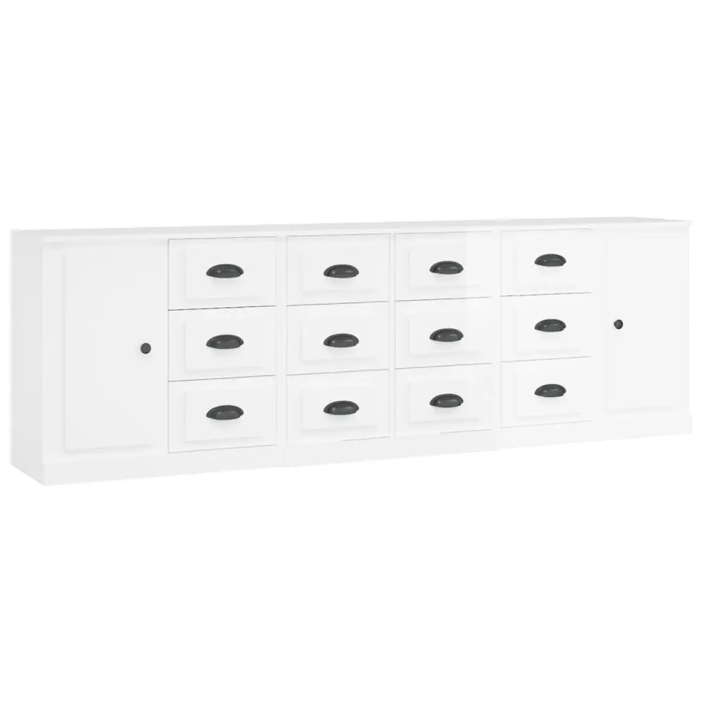 Sideboard Cabinet 3 pcs High Gloss White Engineered Wood Storage Buffet
