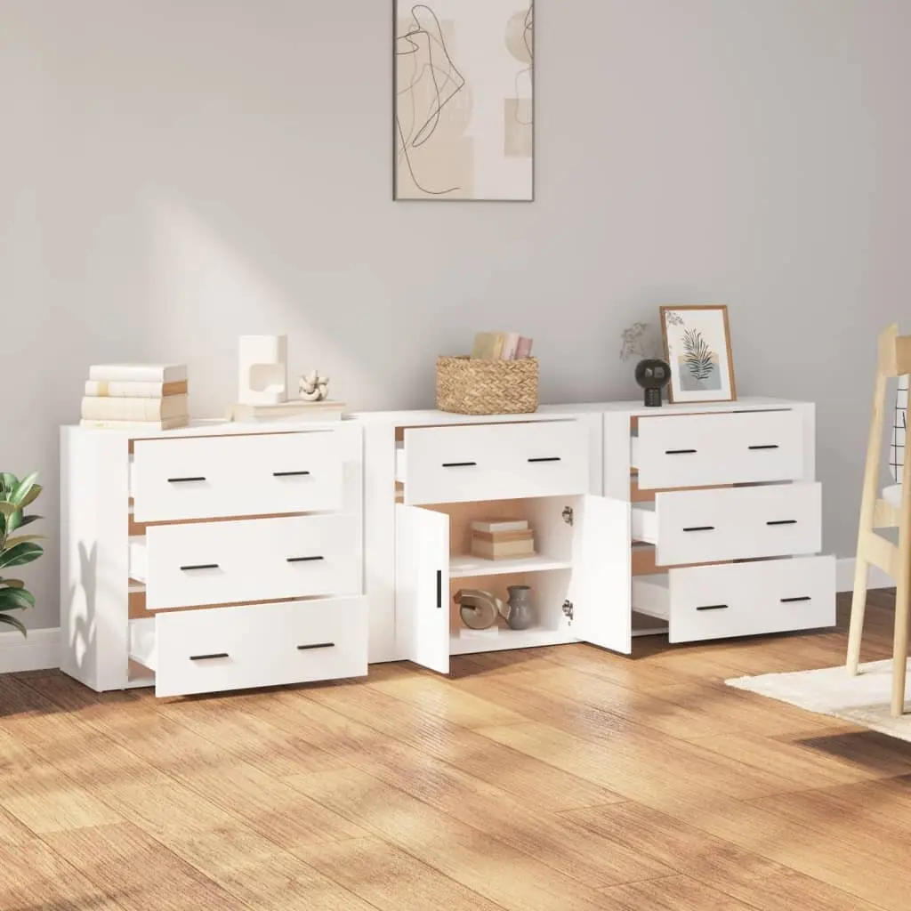 Sideboards Storage Cabinet Set of 3 White Engineered Wood Buffet Display Unit