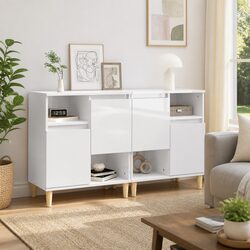 Sideboard Cabinet 2 pcs High Gloss White Storage Cupboard 4 Compartments 2 Doors