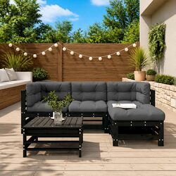 Wooden Garden Lounge Set 5 Piece Outdoor Patio Furniture with Cushions Black