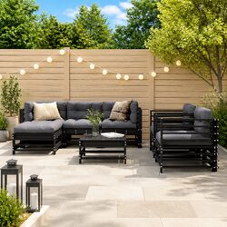 7 Piece Garden Lounge Set: Black Wood and Cushions Specs