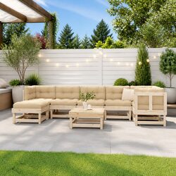 8 Piece Garden Lounge Set: Solid Pine with Cushions