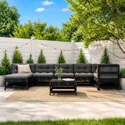 8 Piece Black Outdoor Lounge Set with Pine Wood Construction