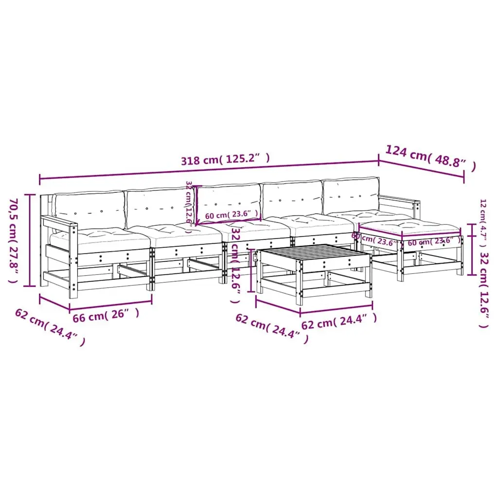 7 Piece Outdoor Garden Lounge Set Black Wood for Patio with Cushions