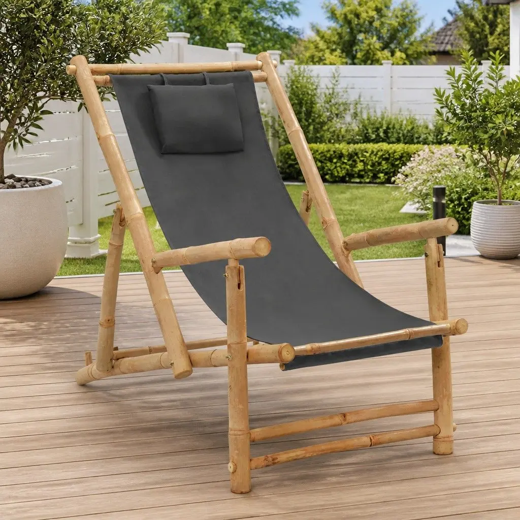 Adjustable Bamboo Deck Chair with Durable Canvas Fabric