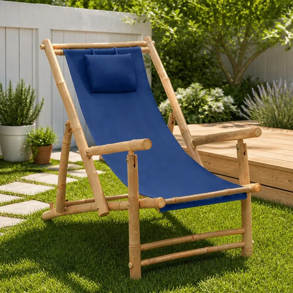 Outdoor Deck Chair Bamboo Frame Canvas Seat Adjustable Backrest Garden Patio