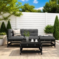 Outdoor Garden Lounge Set 4 Piece Black Wood Sofa Patio Furniture with Cushions