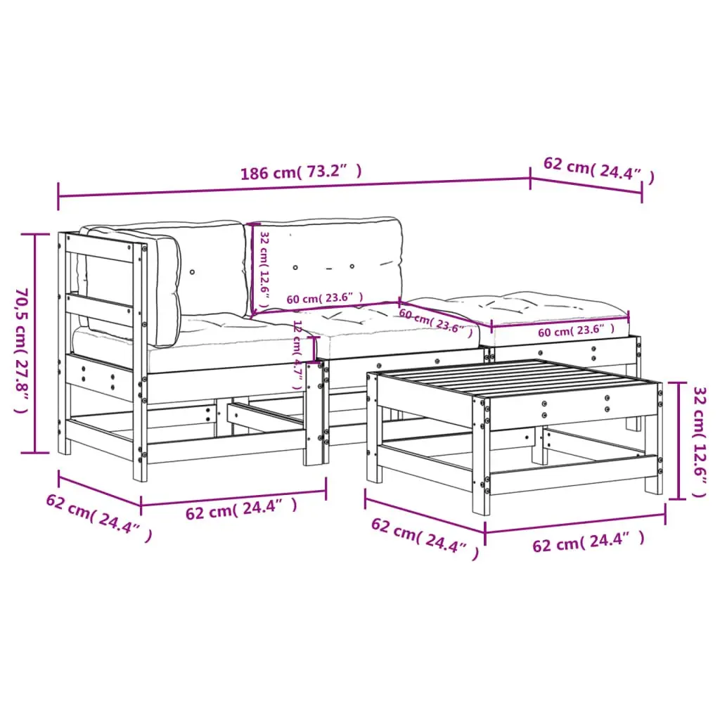 Garden Lounge Set 4 Piece Outdoor Patio Furniture Black Wood Sofa with Cushions