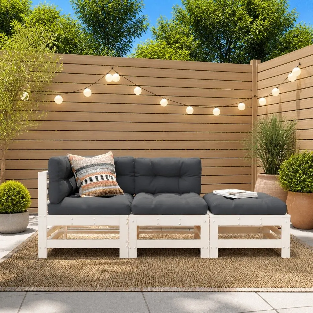 3 Piece Garden Lounge Set White Wooden Outdoor Furniture Patio Sofa with