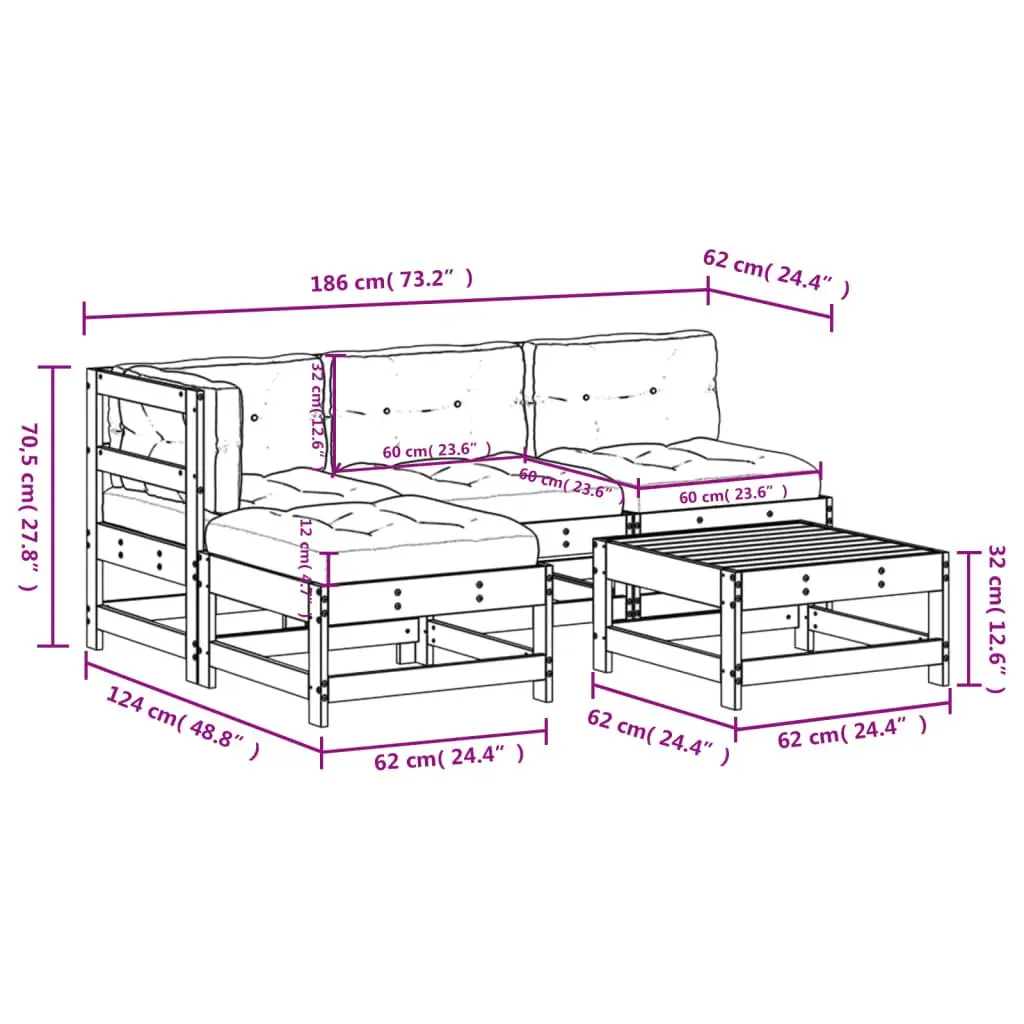 5 Piece Garden Lounge Set Outdoor Patio Furniture Cushioned Solid Wood