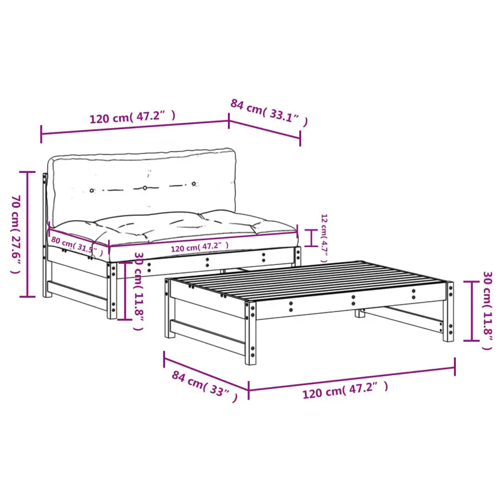 Outdoor Furniture Garden Lounge Set 2 Piece with Cushions for Patio in Solid Pine Wood