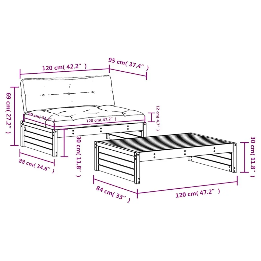 Garden Lounge Set 2 Piece with Cushions Black Wood Outdoor Patio Furniture