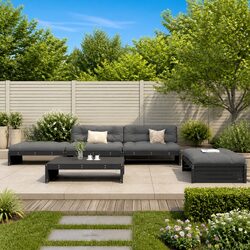 Garden Lounge Set: 5 Pieces, Solid Pine Wood, Black