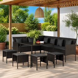 Garden Dining Set 6 Piece Outdoor Furniture with Cushions Black Poly Rattan