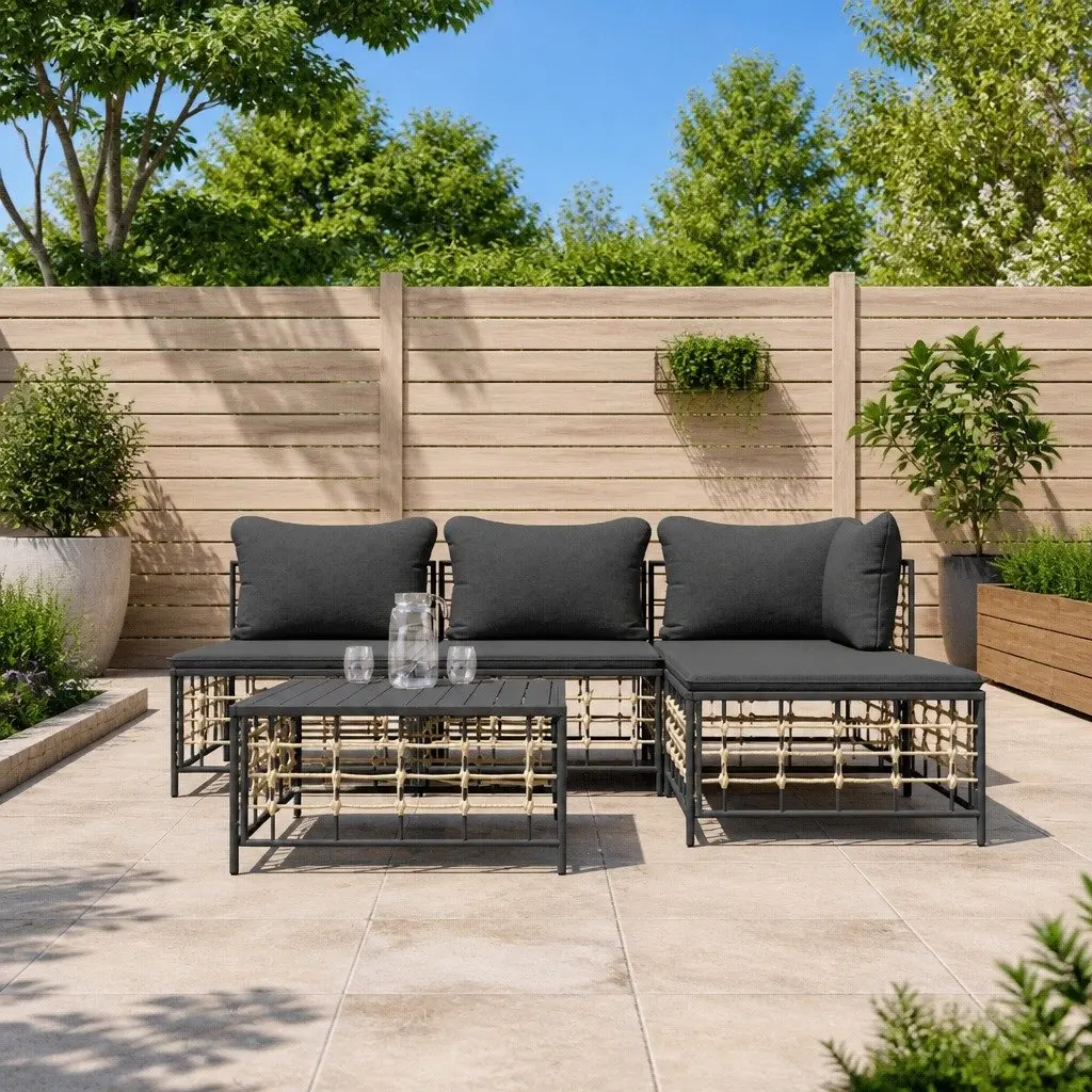 5 Piece Garden Lounge Set Outdoor Seating Sofa Cushions Anthracite Poly Rattan