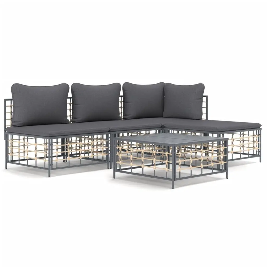 5 Piece Garden Lounge Set Outdoor Seating Sofa Cushions Anthracite Poly Rattan