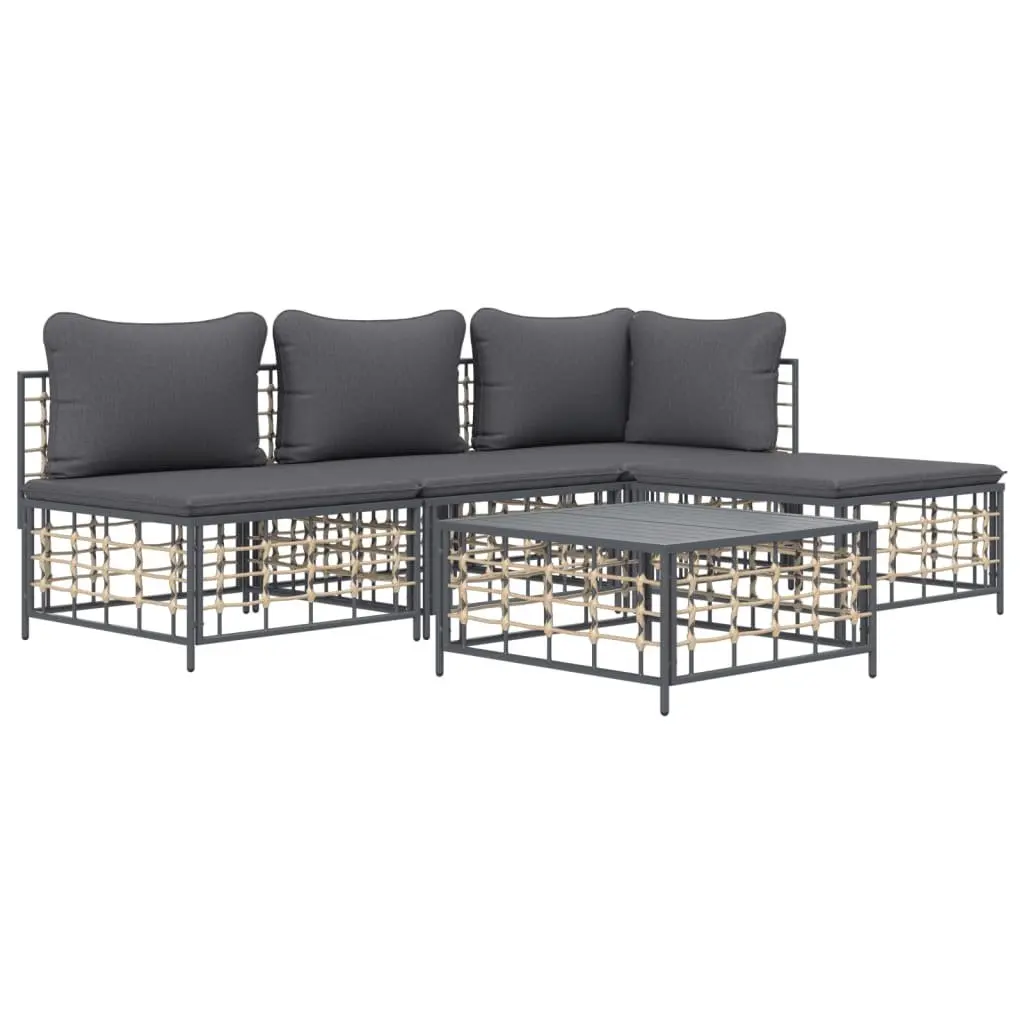 5 Piece Garden Lounge Set Outdoor Seating Sofa Cushions Anthracite Poly Rattan
