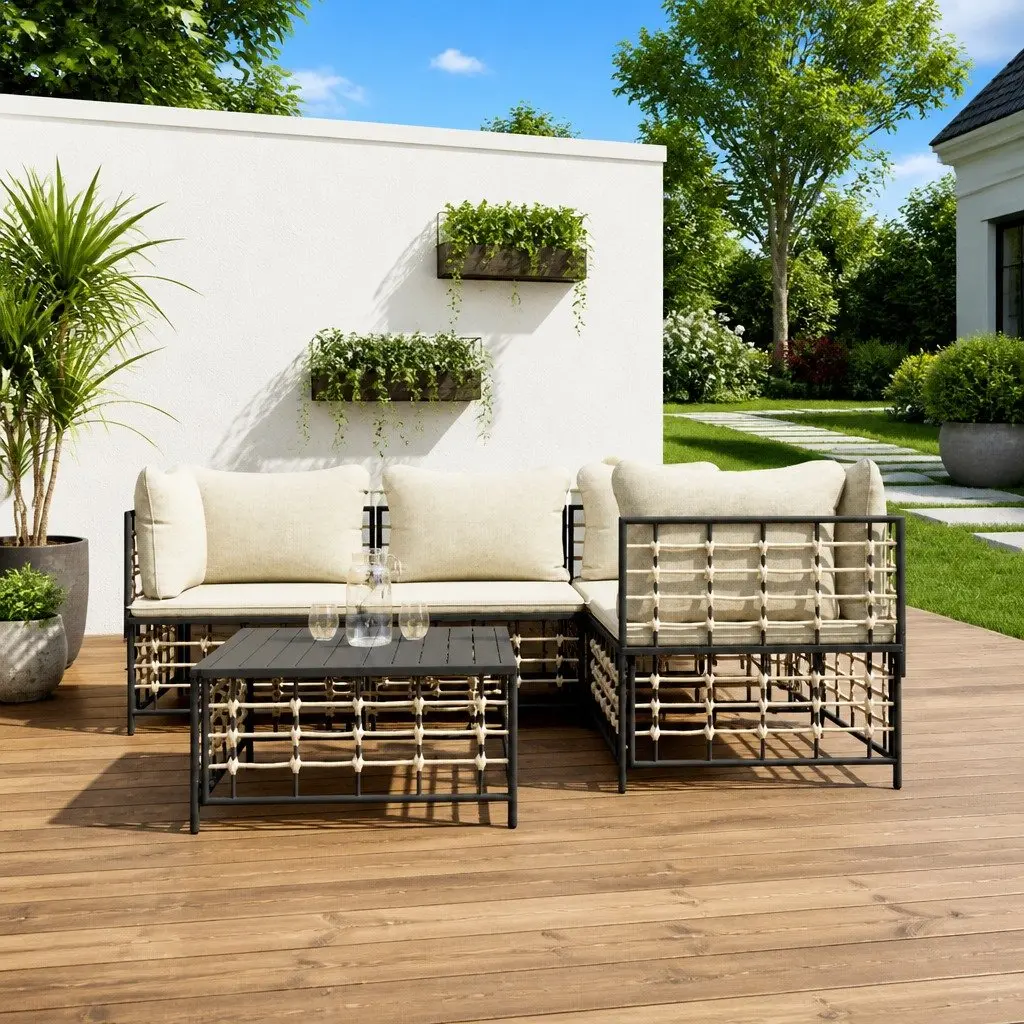 5 Piece Outdoor Lounge Set for Garden or Terrace Poly Rattan Sofa with Cushions