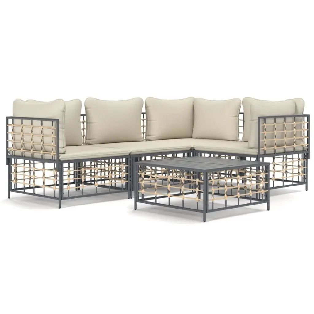 5 Piece Outdoor Lounge Set for Garden or Terrace Poly Rattan Sofa with Cushions