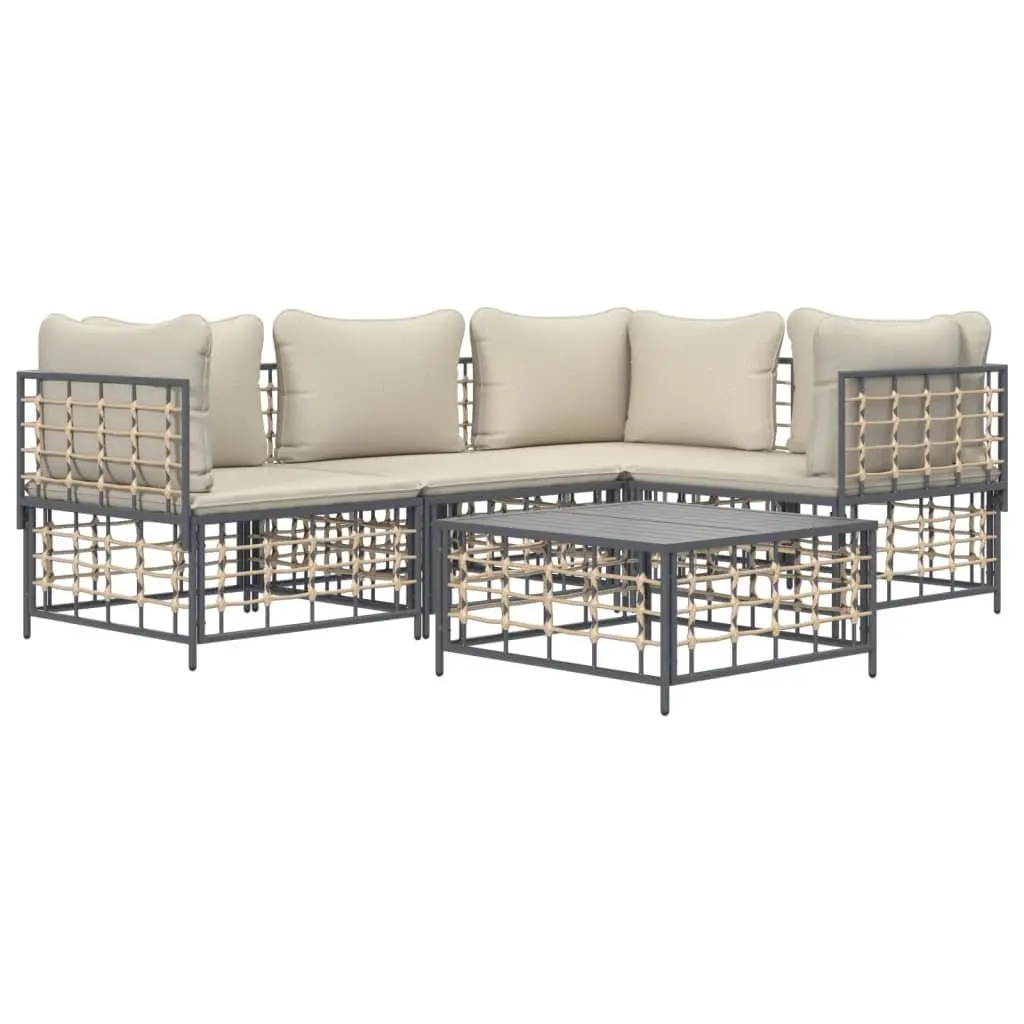 5 Piece Outdoor Lounge Set for Garden or Terrace Poly Rattan Sofa with Cushions