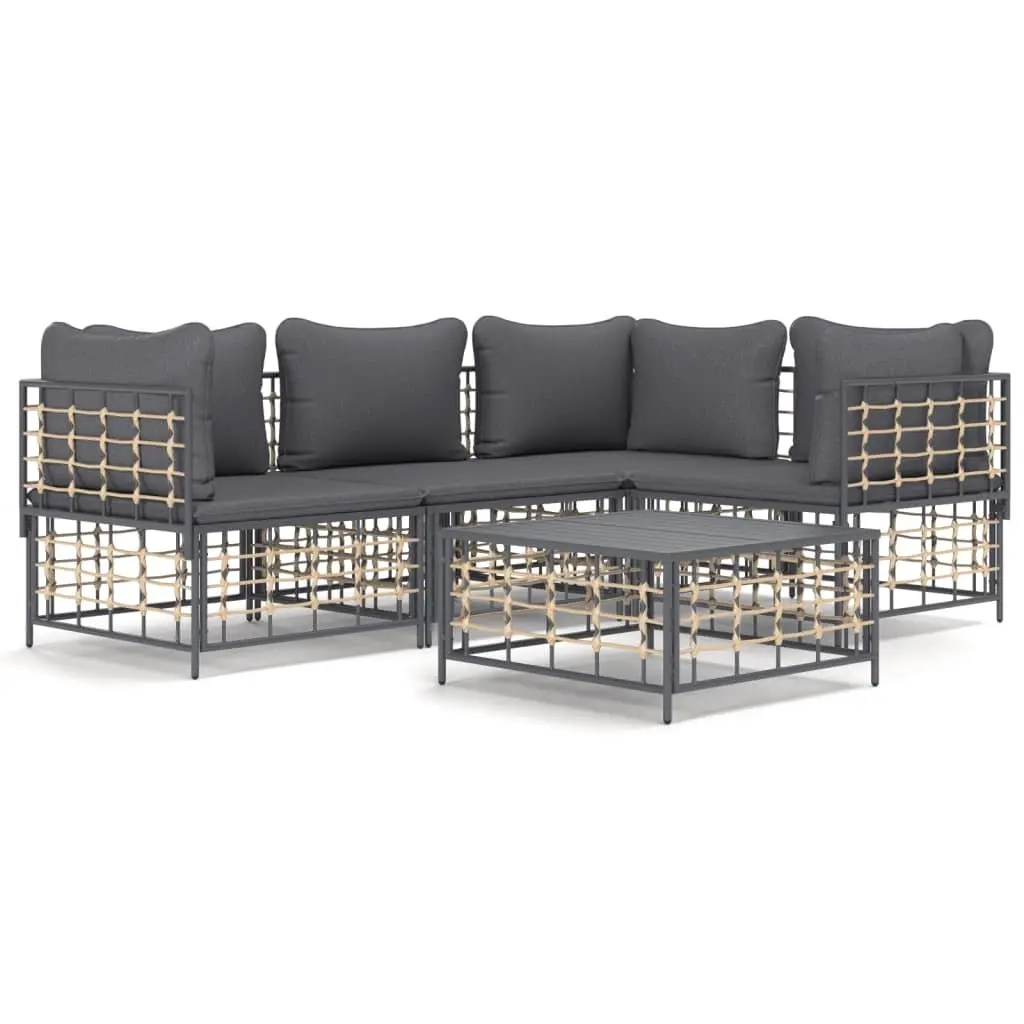 5 Piece Garden Lounge Set Poly Rattan Anthracite with Cushions Coffee Table
