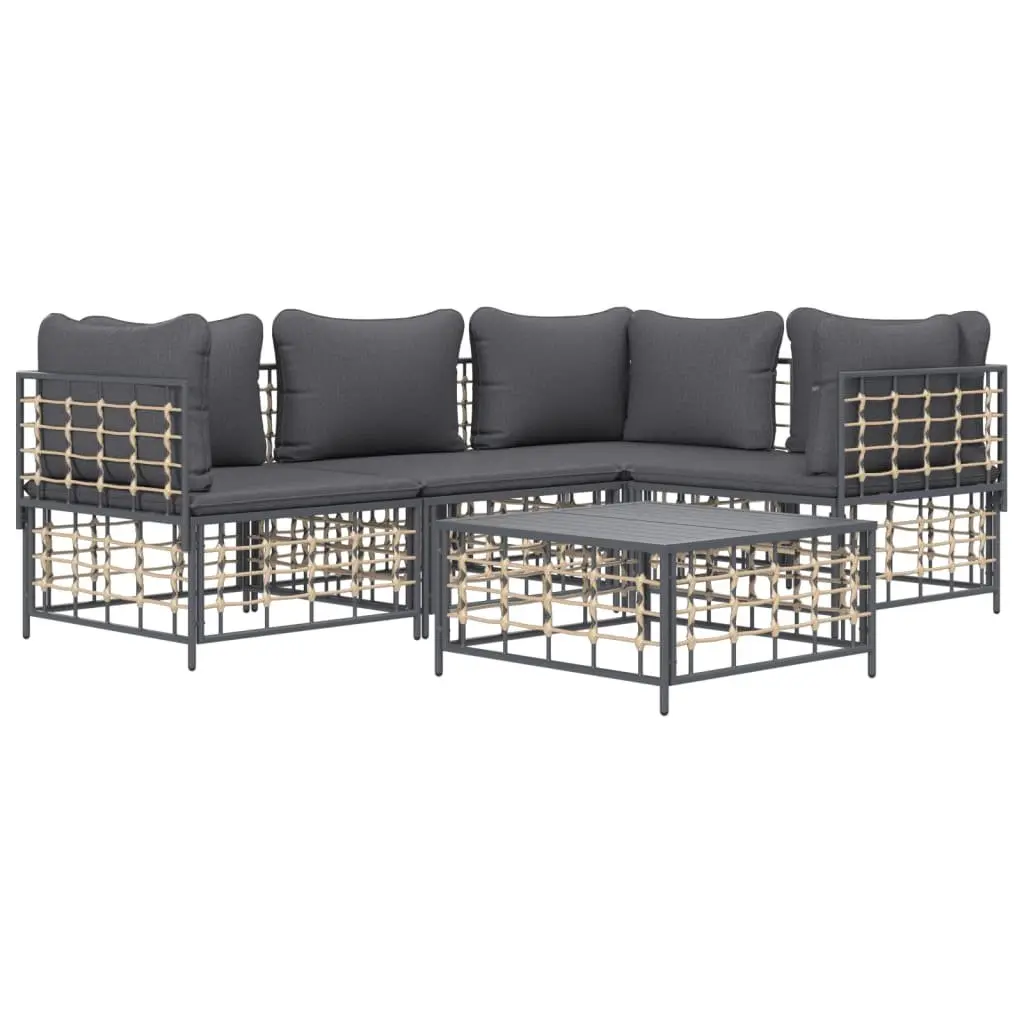 5 Piece Garden Lounge Set Poly Rattan Anthracite with Cushions Coffee Table