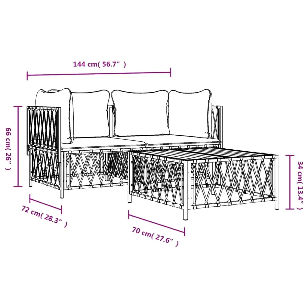3 Piece Garden Lounge Set in White Steel