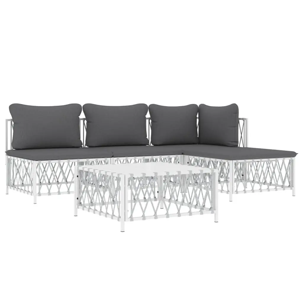 5 Piece Outdoor Garden Lounge Set White Steel Frame Modular Sofa Cushions