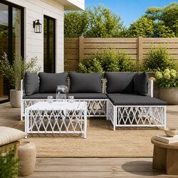 Garden Lounge Set 5 Pieces, White Steel Frame & Cushions