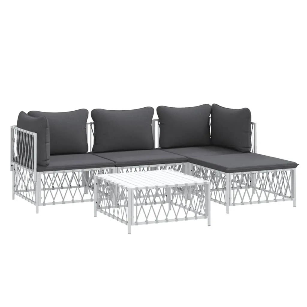 5 Piece Garden Lounge Set Outdoor Patio Modular White Steel Frame Woven Fabric Cushions