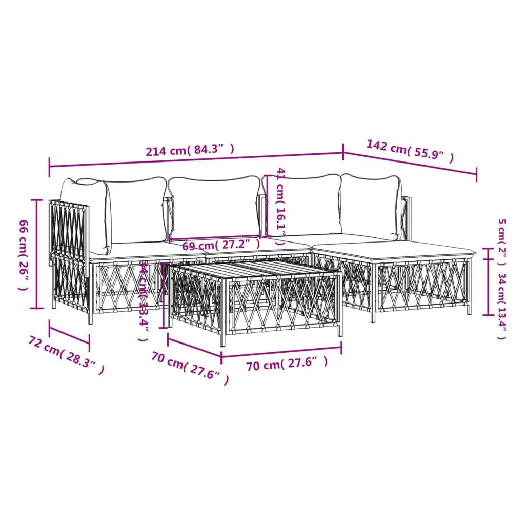 5 Piece Garden Lounge Set Outdoor Patio Modular White Steel Frame Woven Fabric Cushions