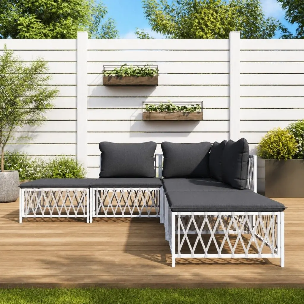 Garden Lounge Set Outdoor Use 5 Piece White Sofa with Cushions Steel Frame