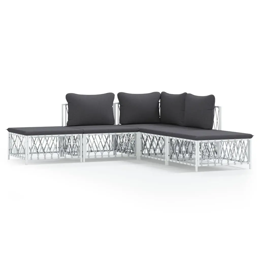 Garden Lounge Set Outdoor Use 5 Piece White Sofa with Cushions Steel Frame