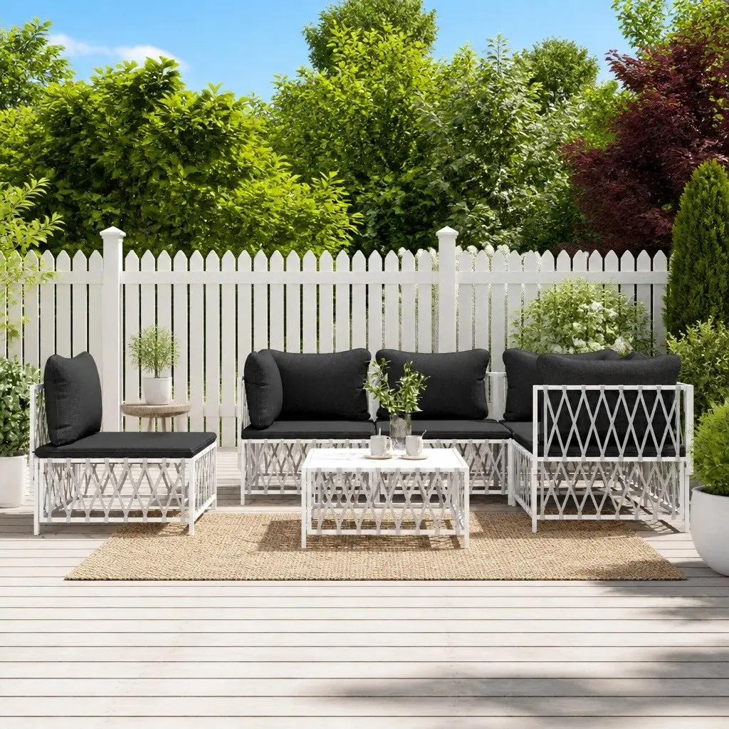 6 Piece Garden Lounge Set Outdoor Furniture Modular White Steel Frame Cushions