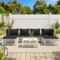 7 Piece Garden Lounge Set: White Steel Frame & Cushions