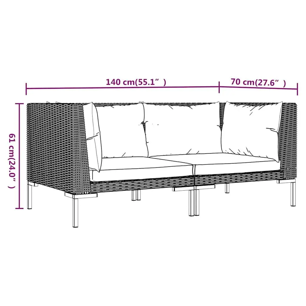 Outdoor Sectional Sofa 2pcs Half Round Rattan Garden Seating with Cushions Grey