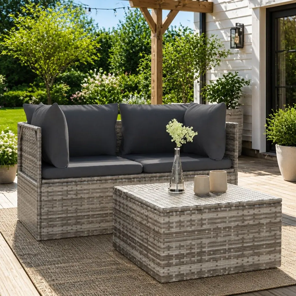 3 Piece Poly Rattan Garden Lounge Set with Storage Grey