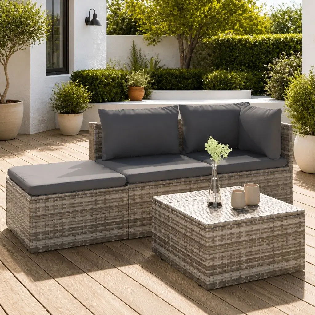 Outdoor Lounge Set for Garden with Cushions and Storage Box in Grey Poly Rattan 4 Pieces