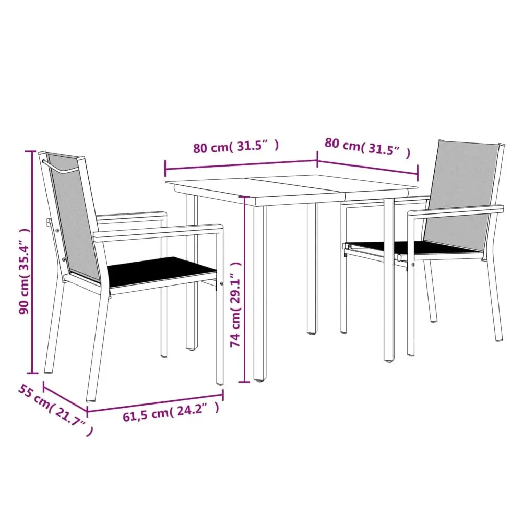 Garden Dining Set Outdoor Furniture 3 Piece Black Textilene Steel Table Chairs