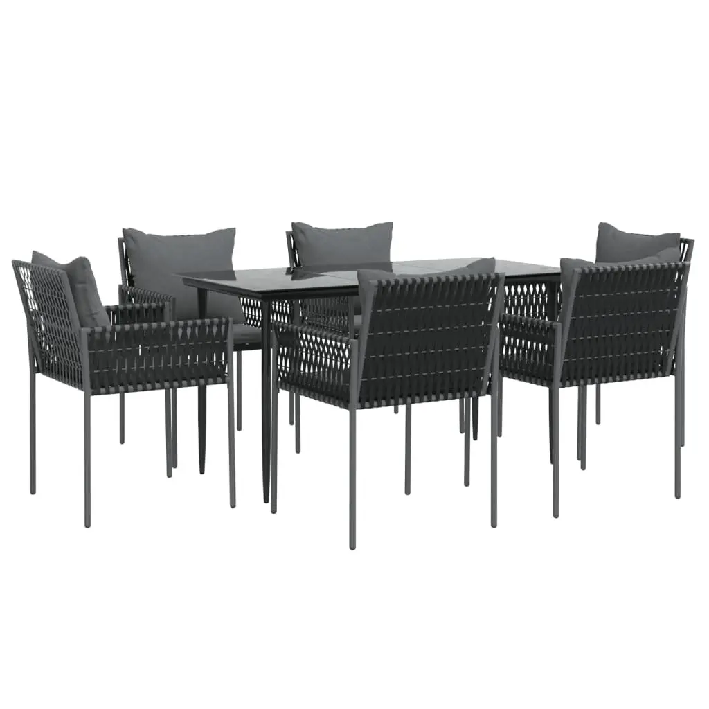 7 Piece Garden Dining Set Outdoor Furniture Black PE Rattan Steel Frame Chairs