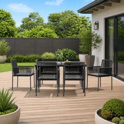 7 Piece Garden Dining Set - Black Rattan with Steel Frame