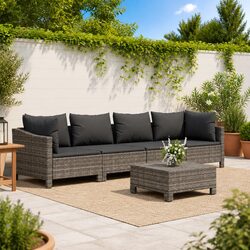 5 Piece Outdoor Garden Lounge Set with Cushions Grey Poly Rattan Furniture