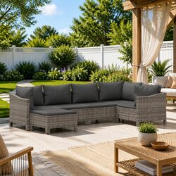 6 Piece Garden Lounge Set: Grey Rattan & Steel Frame