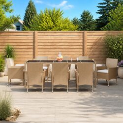 Garden Dining Set 9 Piece Beige Poly Rattan Table Chairs